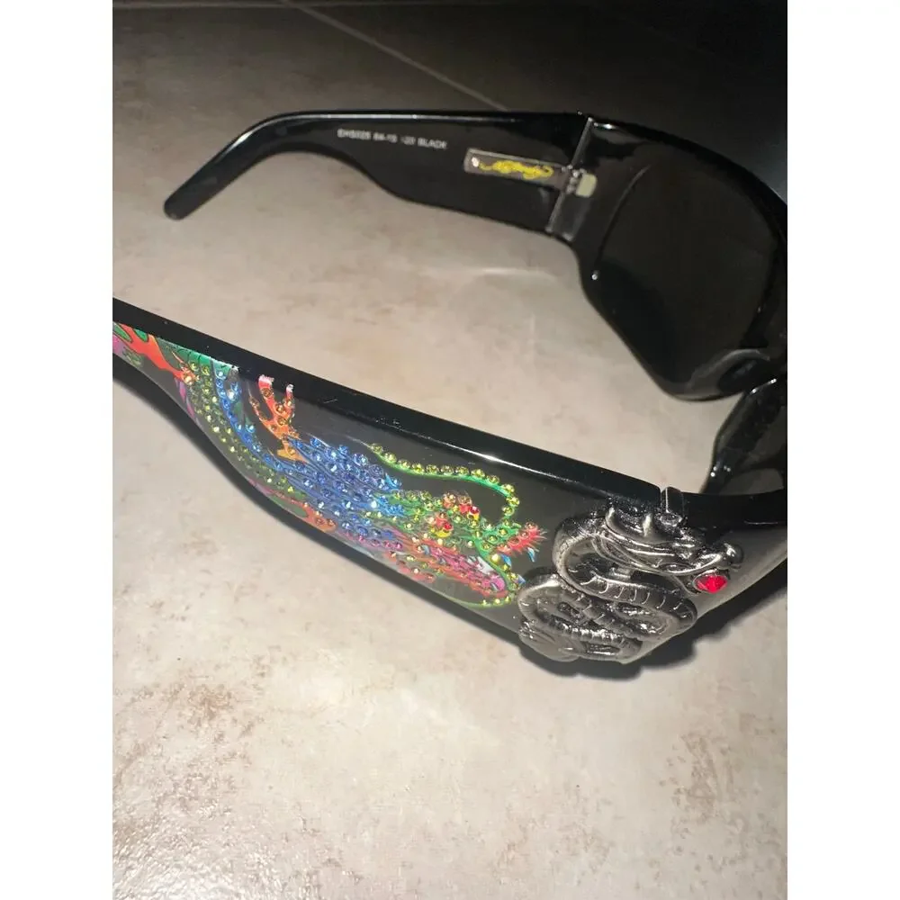 Ed Hardy EHS025 Black Dragon Rhinestone Sunglasses Y2K Vintage 64-15-120